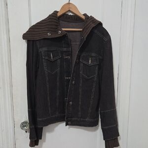 Men's Black Denim Jacket with Brown Hood